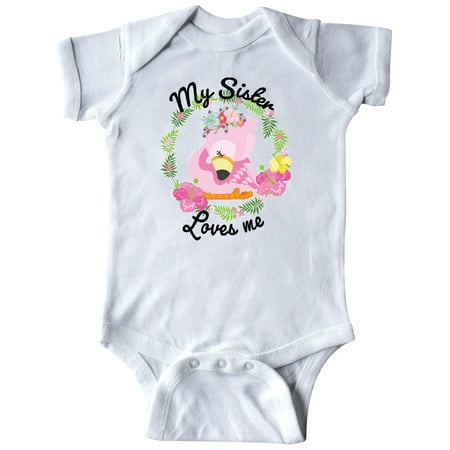 

Inktastic Baby Flamingo My Sister Loves Me in Flower Wreath Gift Baby Boy or Baby Girl Bodysuit