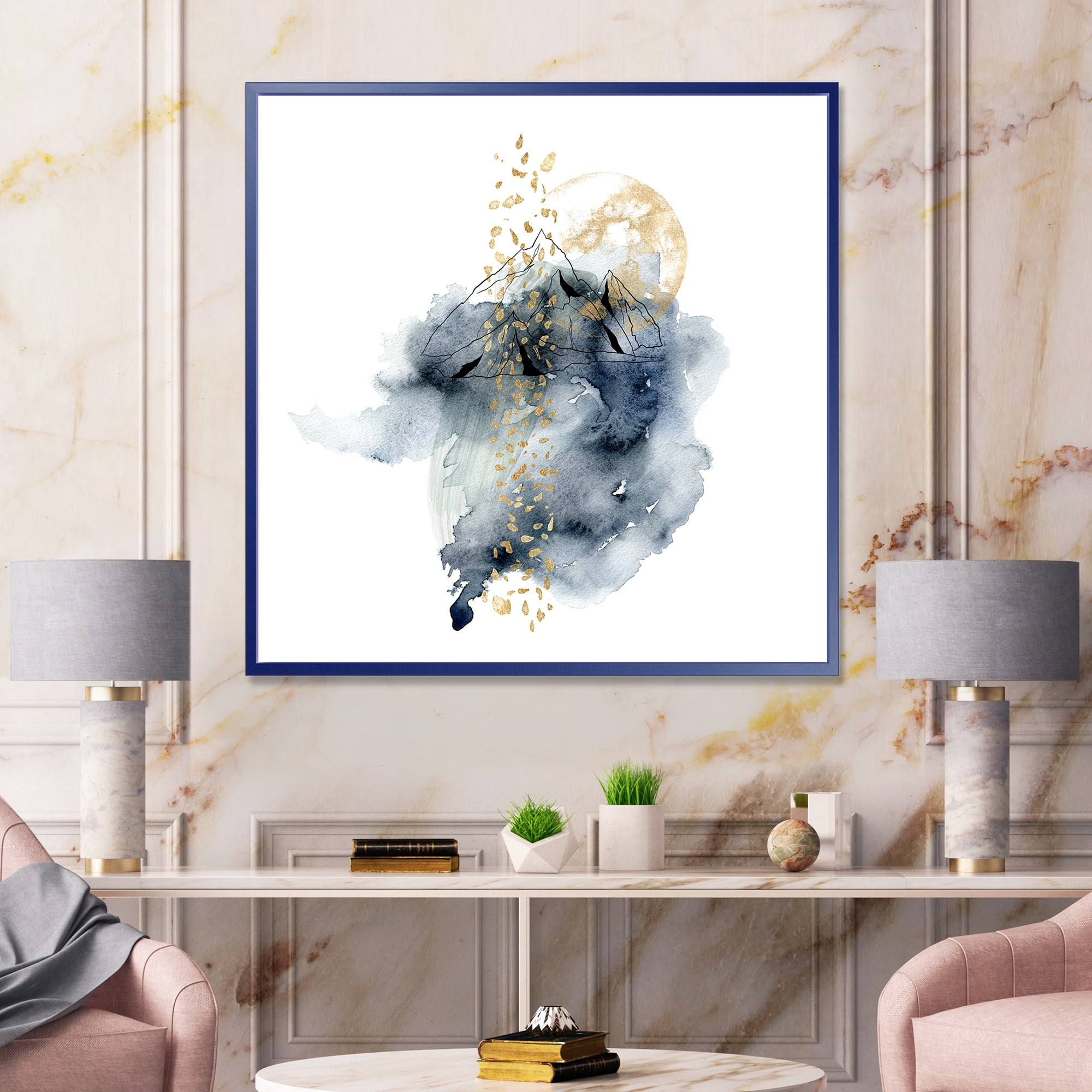 Designart 'Minimalistic Landscape of Moon With Mountains' Modern Framed Canvas Wall Art Print
