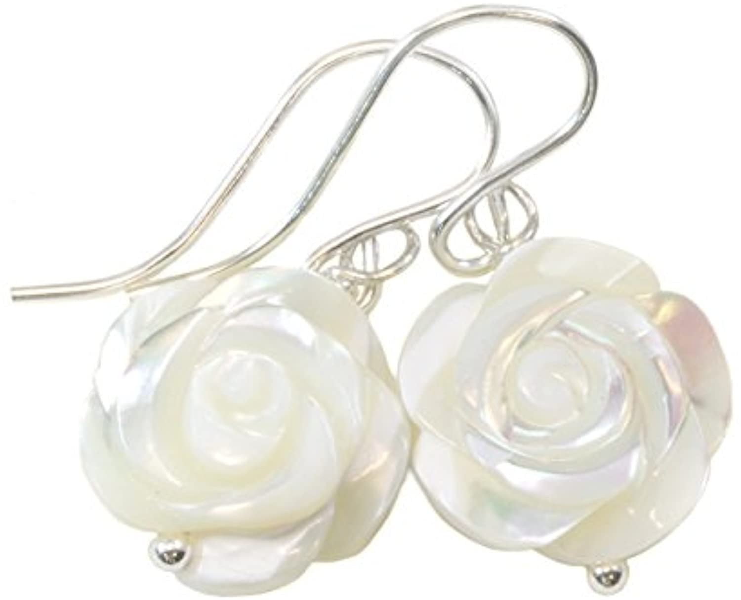Sterling Silver White Mother of Pearl Earrings Carved Rose Flower MOP  Dangle Drops Simple Dangles Designed for Adult Women and Teen Girls