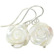 SPYGLASS DESIGNS Sterling Silver White Mother of Pearl Earrings Carved Rose Flower MOP Dangle Drops Simple Dangles Designed for Adult Women and Teen Girls