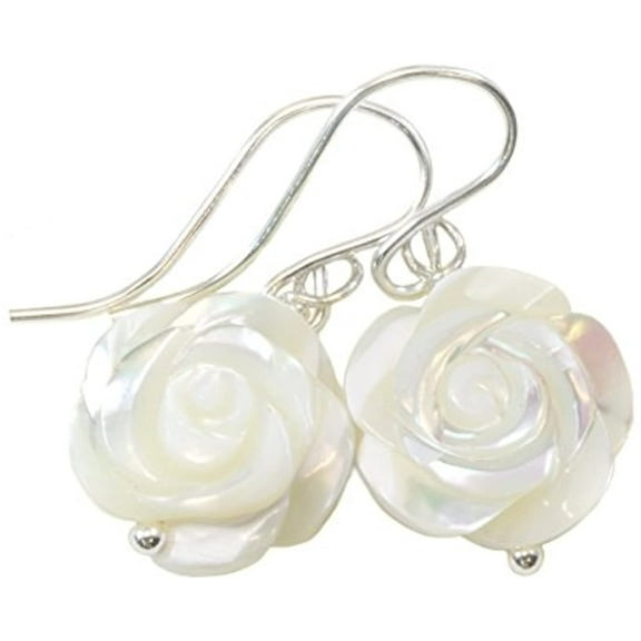 Sterling Silver White Mother of Pearl Earrings Carved Rose Flower MOP Dangle Drops Simple Dangles Designed for Adult Women