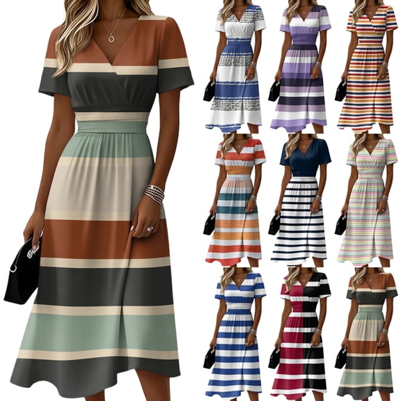 Laqbezok Casual Striped V-Neck Dress, Trendy Short Sleeve A-Line Midi Dress, Fashion Smocked High Waist Summer Sun Dress
