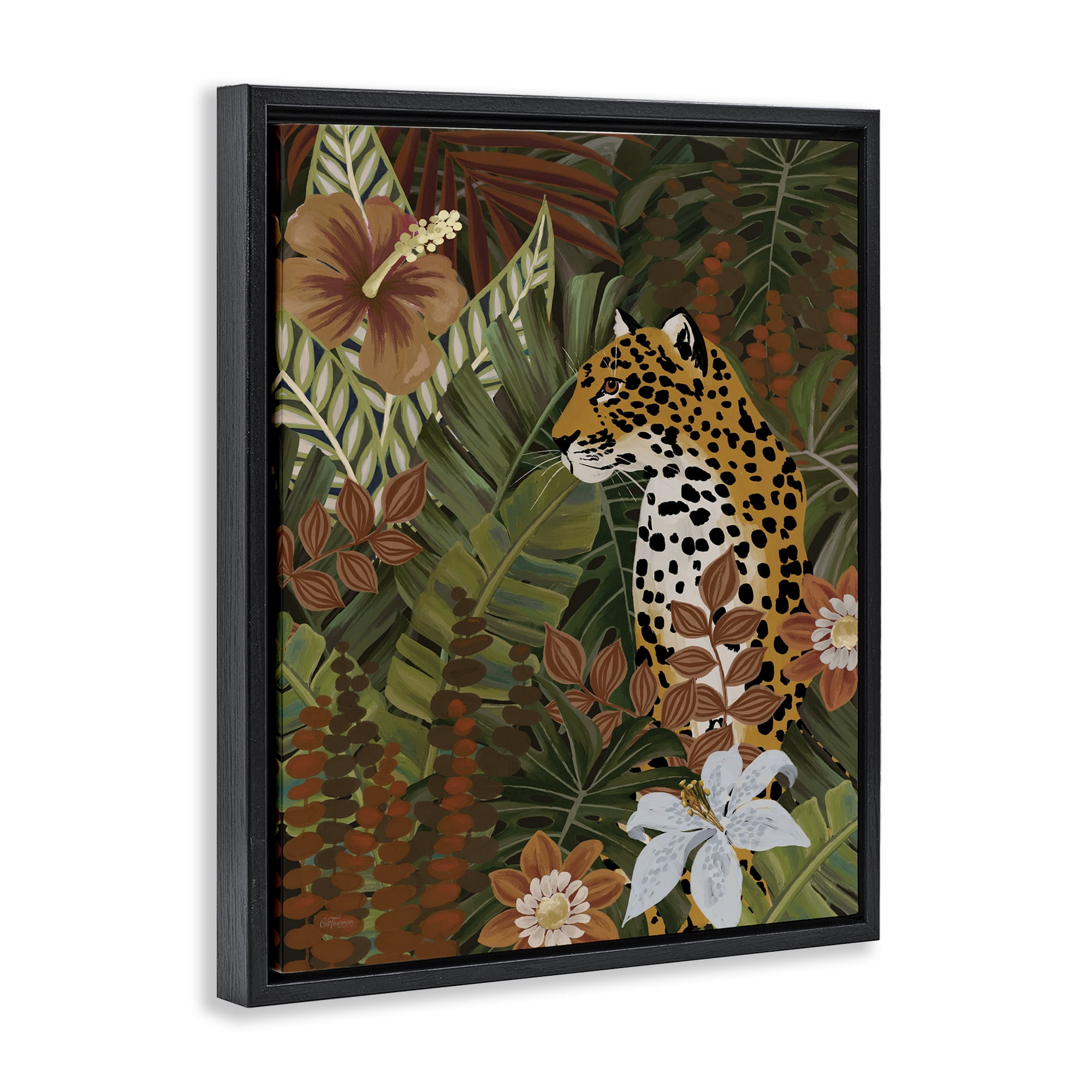 Stupell Industries Hibiscus Jungle Leopard Animals Painting Black Floater Framed Canvas Art Print Wall Art, 17 x 21