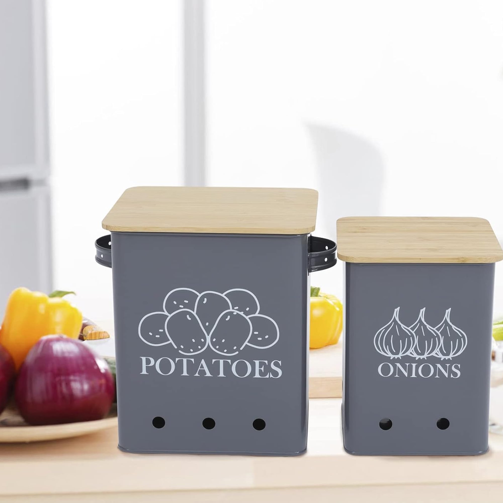 Brabtod 2 Pack Kitchen Storage Container,Potato Onion Storage Canister,Metal Vegetable Fresh Keeper Caddy,Kitchen Pantry Organizer Jars with Bamboo Lid and Aerating Holes,Gray