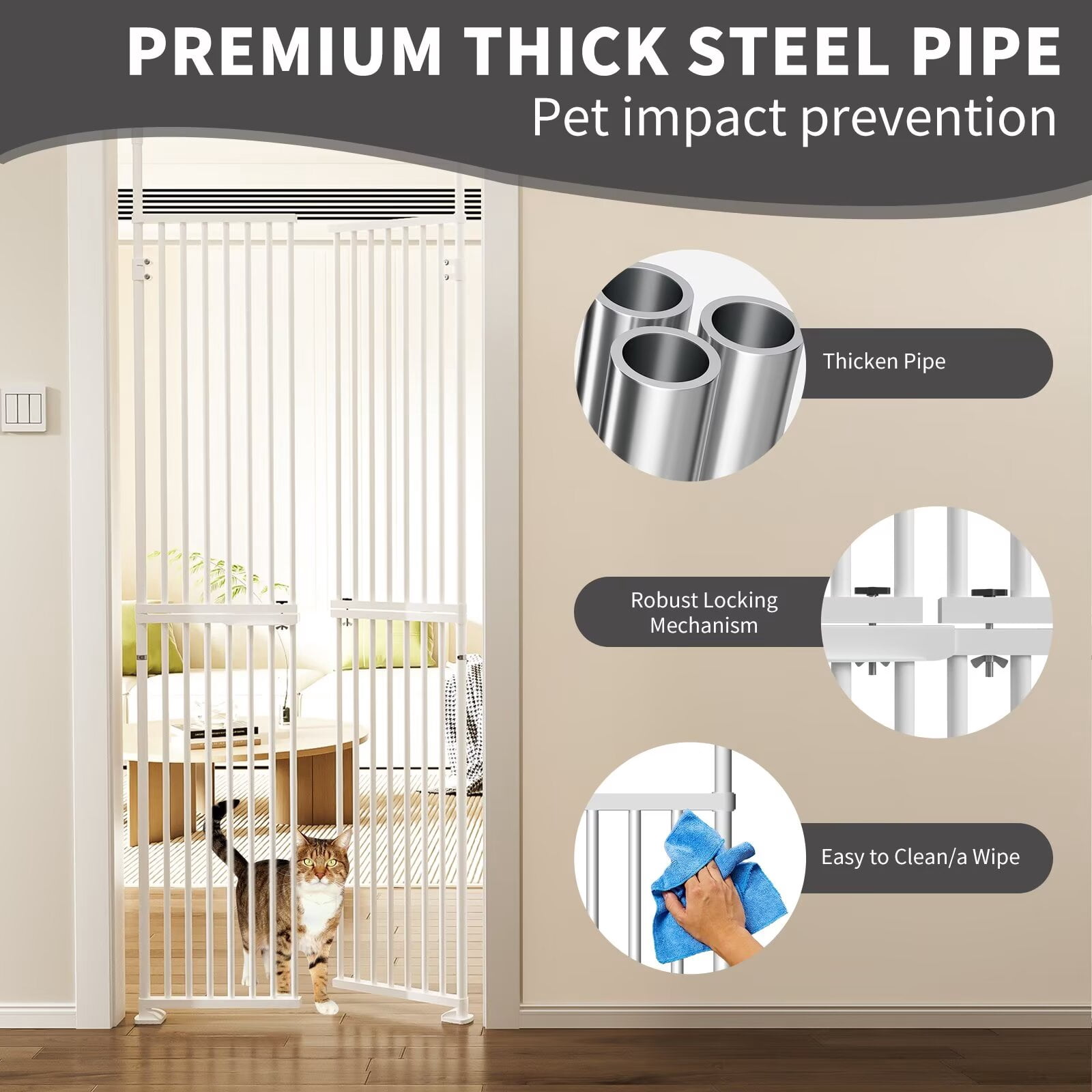 Lilypelle Extra Tall Cat Pet Gate, Adjustable 29.5-32 Inch Width 74.8-96.5 Inch Height, No Drilling Pressure Mounted, Walk Through Swing Safety Double Door Gate for Doorways, Stairs, Kitchen, House