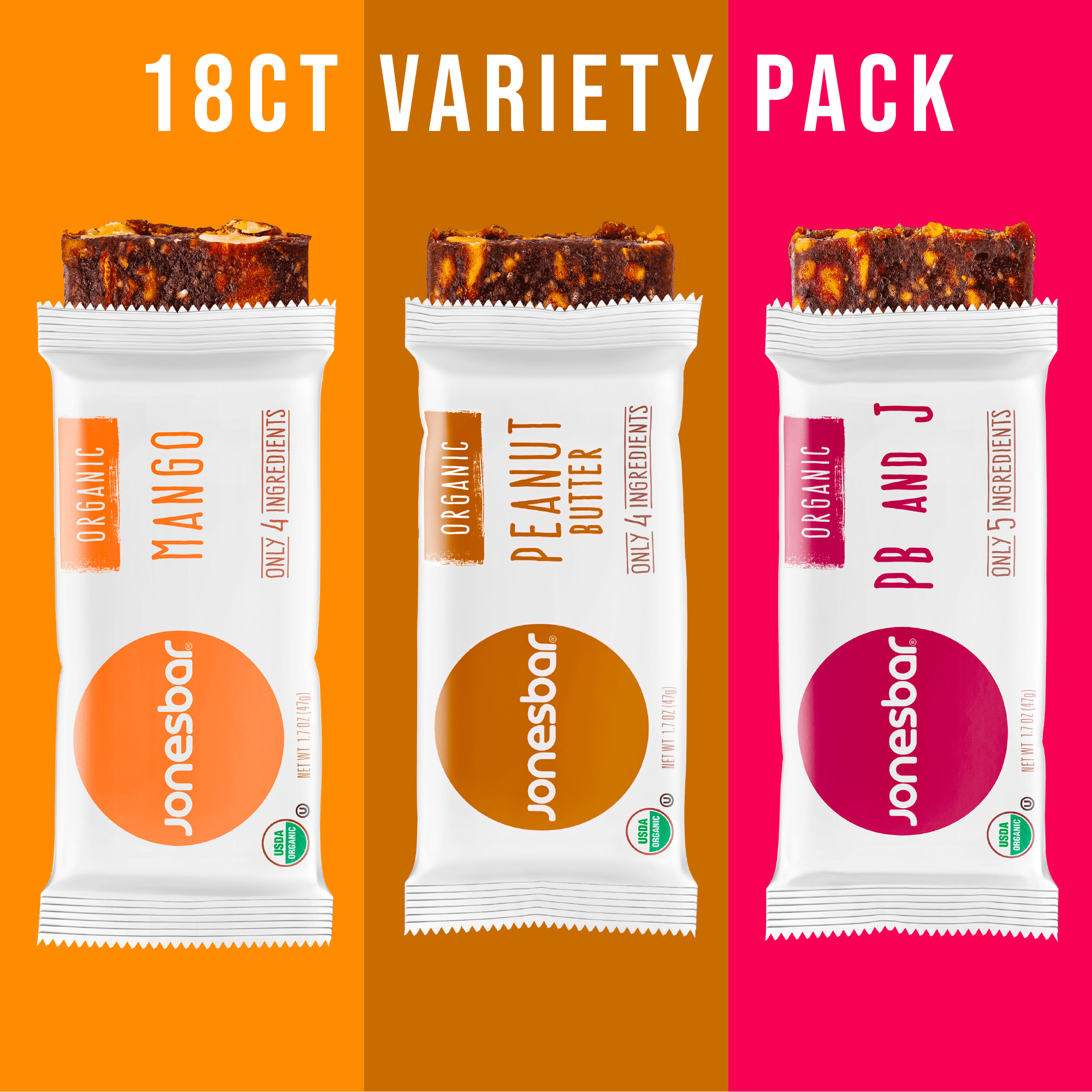 JONESBAR (18ct Variety Pack, 18 Bars (1 Box)), USDA Organic Fruit & Nut Bar, Non-GMO, Kosher, Vegan, Gluten Free, Simple Snack Bar