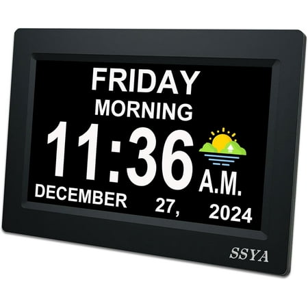7 Inch Calendar Clock - 12 Alarm Options, Level 5 Auto Dimmable Display,Extra Large Impaired Vision Digital Clock with Non-Abbreviated Day & Month (Black)