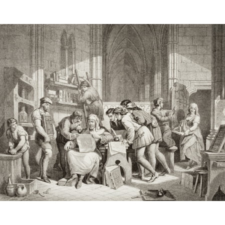 Introduction Of The Art Of Printing Caxton Reading The First Proof Sheet From His Printing Press In The Almonary Westminster Abbey March 1474 Engraved By W Ridgway After EH Wenhert From The Book Illus