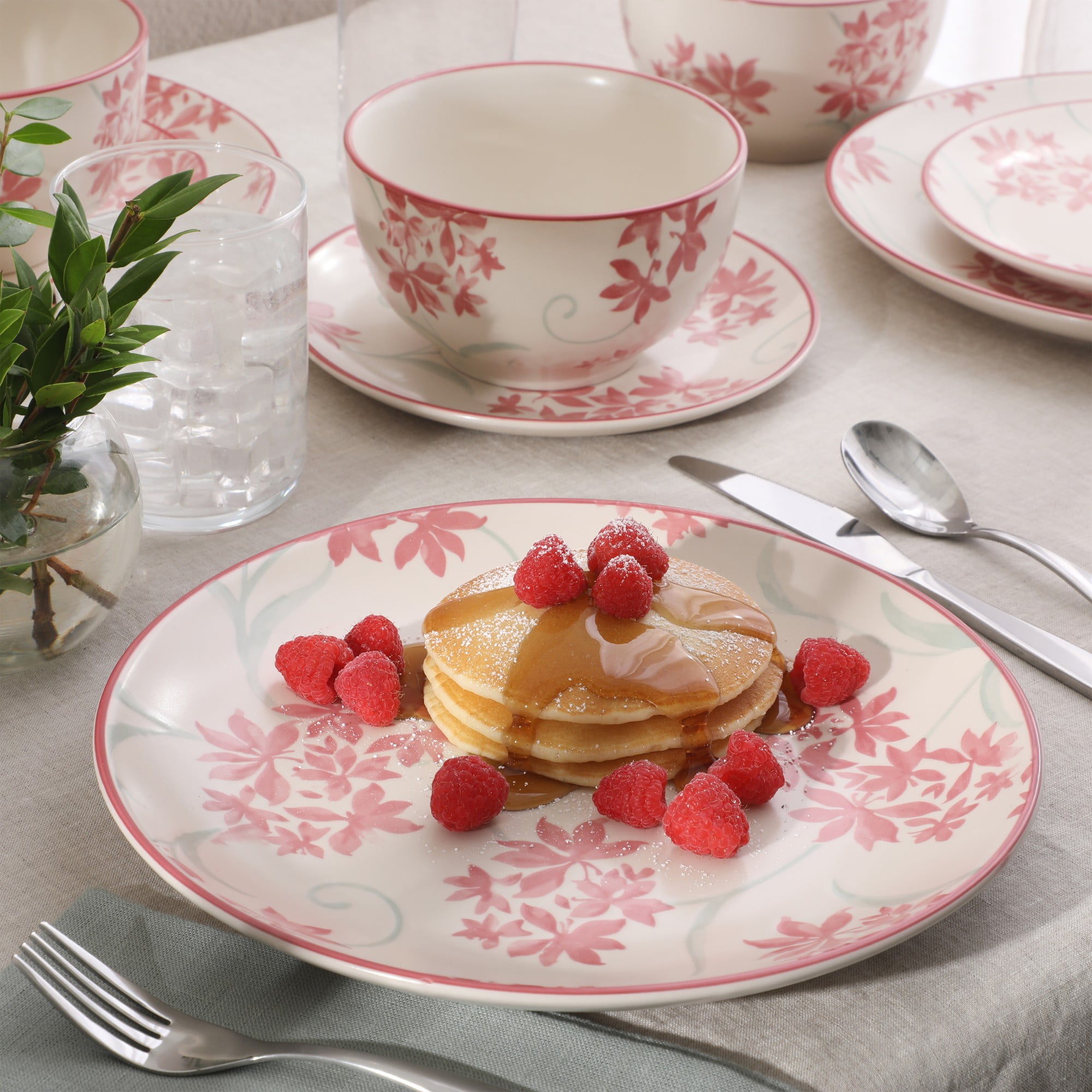 Gibson Home Admiral Hall 12-Piece Stoneware Dinnerware Set, Pink Floral Plates and Bowls, Microwave and Dishwasher Safe, Set for 4