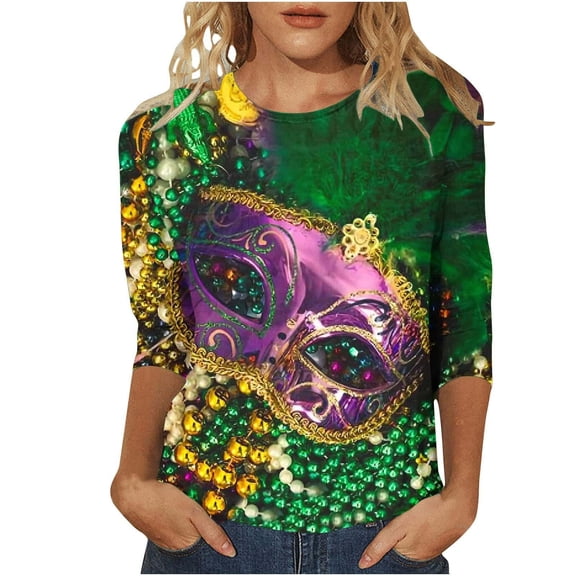 Ladies Carnival Tshirts Leisure Round Neck 3/4 Sleeve with 3D Mask Printed Blouses Loose Womens Pullover Tops A-Army Green L