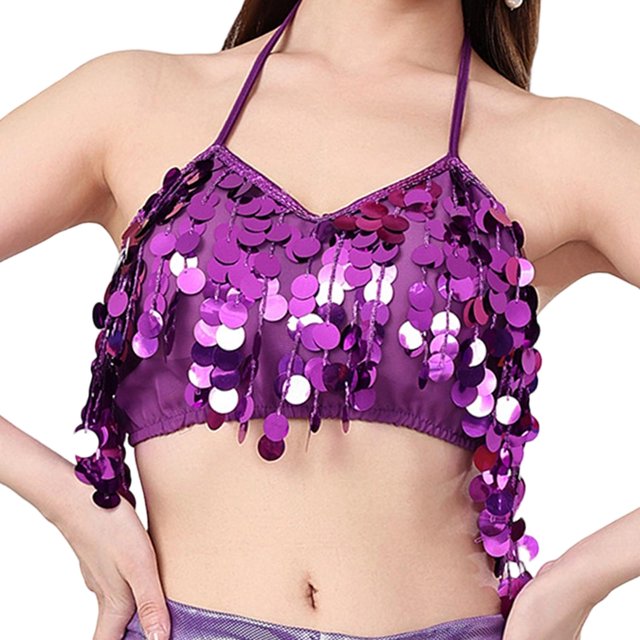 Top corto con borlas para danza del vientre, llamativo atuendo para fiestas y clubes, top con brillo para Púrpura