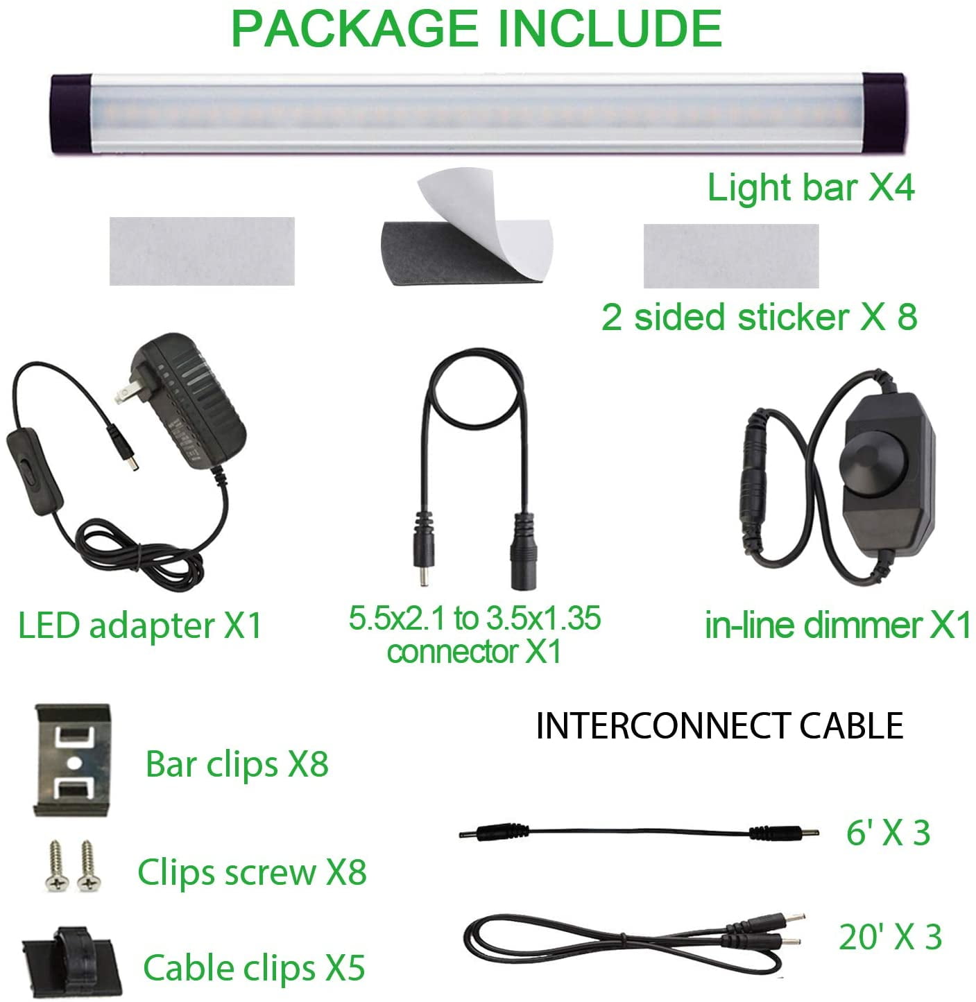 Dimmable LED Under Cabinet Lighting Kit - 4 Panel Warm White Strip Lights with Rocker Switch & Plug Adapter, Direct Wire 12V