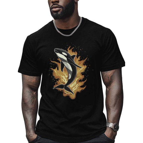 Killer Whale Men's T Shirts Flame Ocean T-Shirt for Men Cartoon Crew Neck Tees Cotton Tops, Black, S