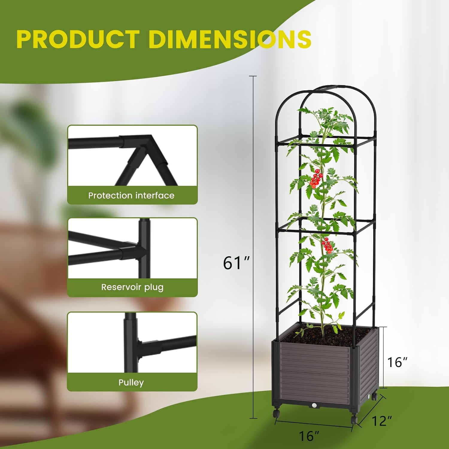 Slsy Raised Garden Bed Planter Box with Wheels, Tomato Cage Planter Raised Garden Bed with Trellis for Climbing Vegetables Plants Tomato Cage, Indoor Outdoor Use
