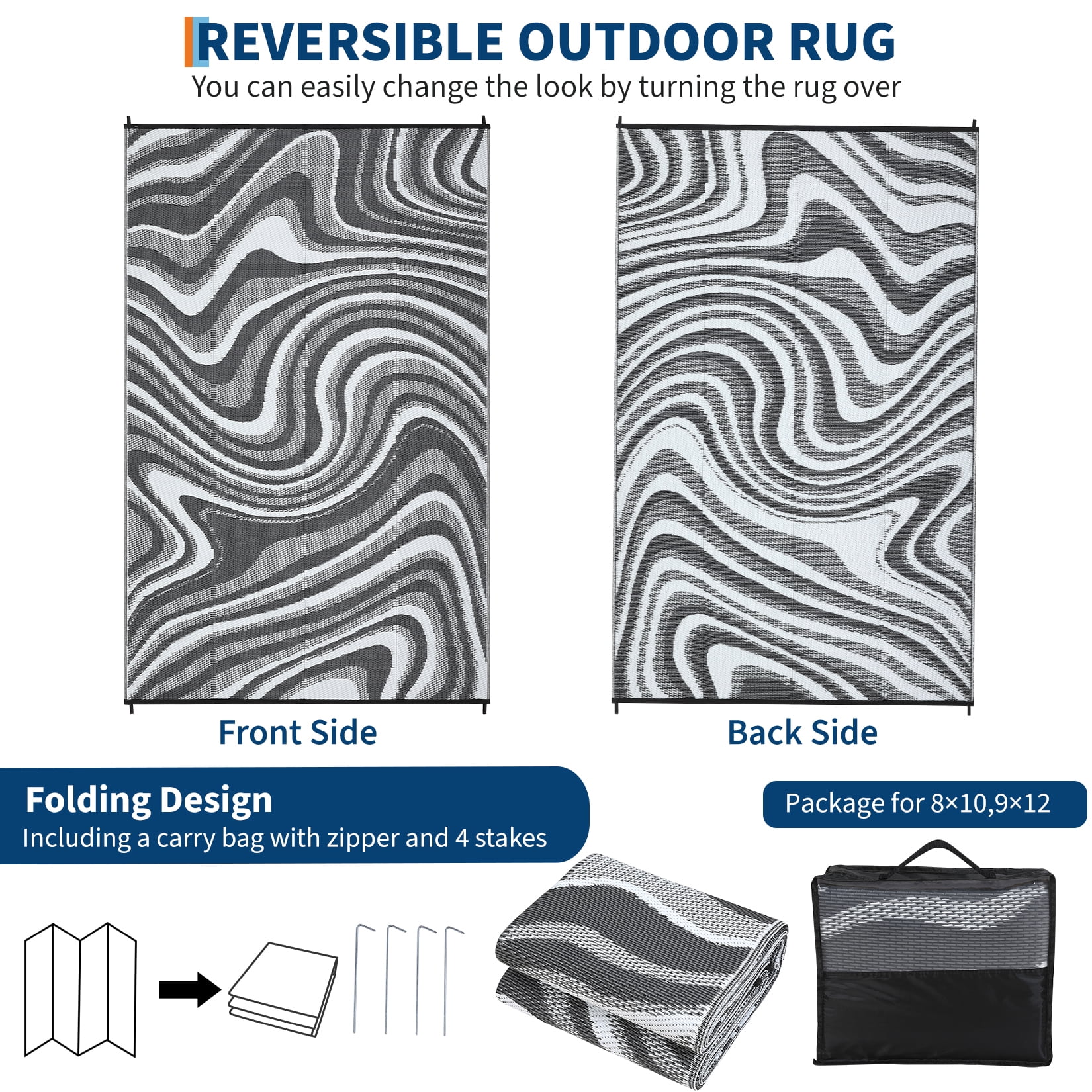 Garvee Outdoor Rug 5'x8' Abstract Plastic Area Rug Waterproof Reversible Outdoor Carpet, Plastic Straw Rug for Patio RV Camping Balcony Deck Backyard, Gray