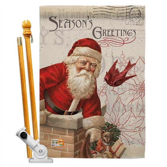 Breeze Decor BD-XM-HS-114194-IP-BO-D-US18-WA 28 x 40 in. Antique Santa Holiday Winter Christmas Impressions Decorative Vertical Double Sided House Flag Set & Pole Bracket Hardware