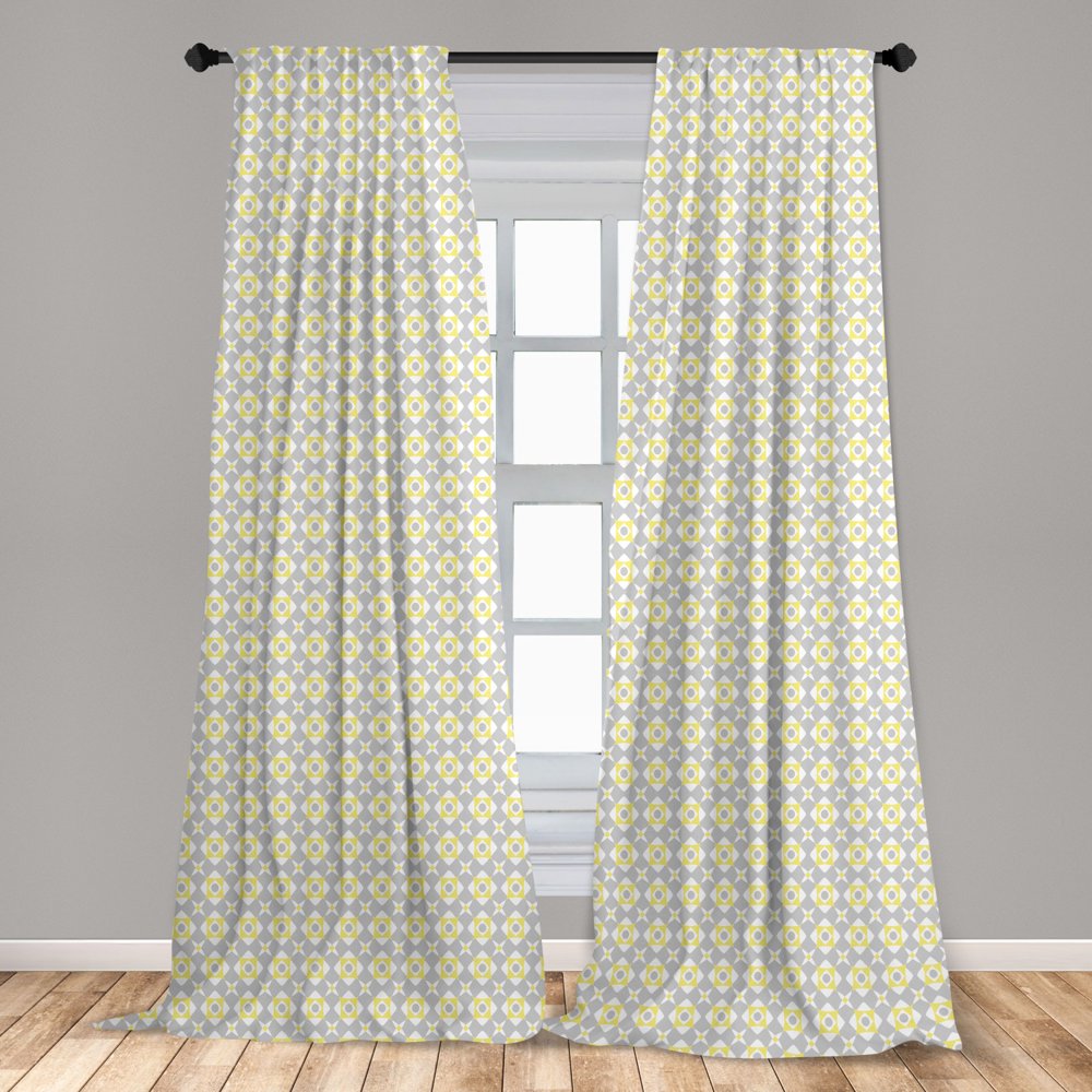 Grey and Yellow Curtains 2 Panels Set, Tile Inspired Squares Rounds in