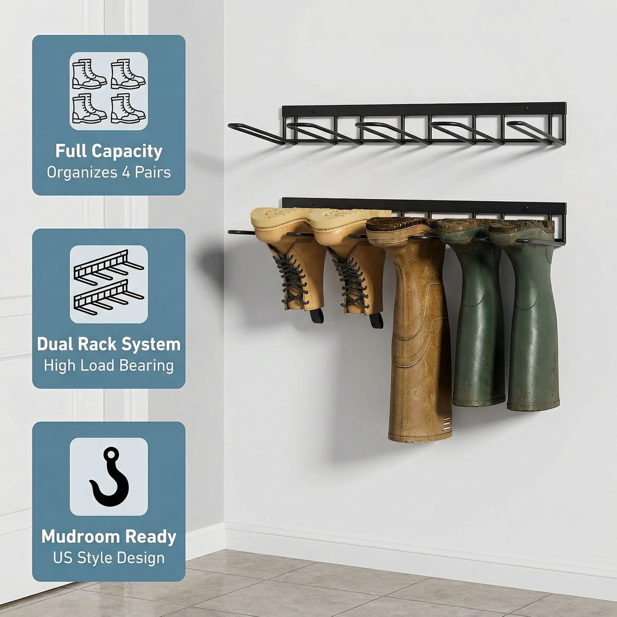 Boot Rack, Wader Hangers for wall, Metal Wall Mounted Shoe Racks, 4 Pair Boot Organizer for Tall Boots and Cowboy shoes, Boots Trays for Entryway,Garage (2 Pack)