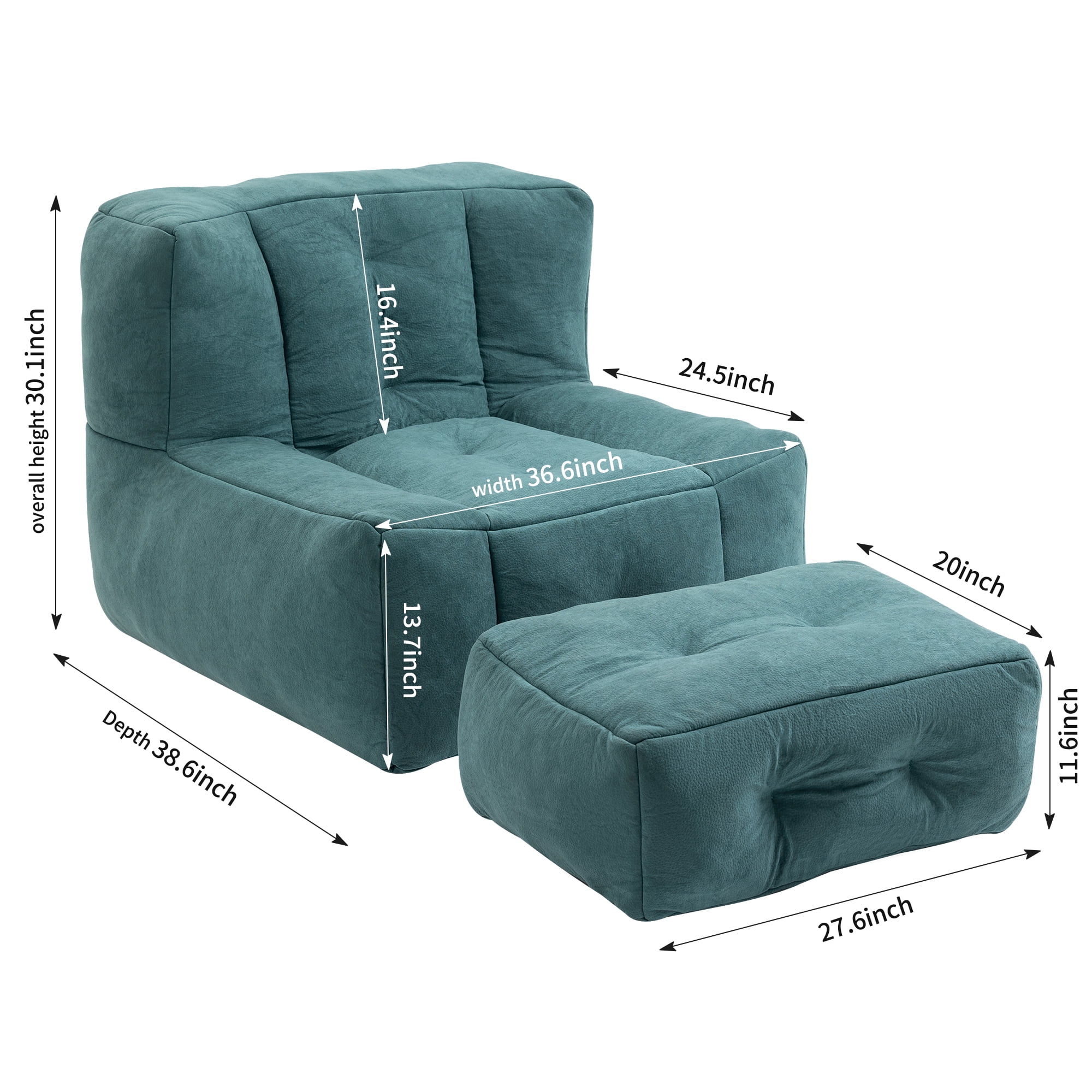 Accent Chair with Ottoman Set,Modern Velvet Bean Bag Chair for Adults and Childs,Upholstered Lazy Sofa Chair Armchair for Living room, Bedroom, Apartment,Green