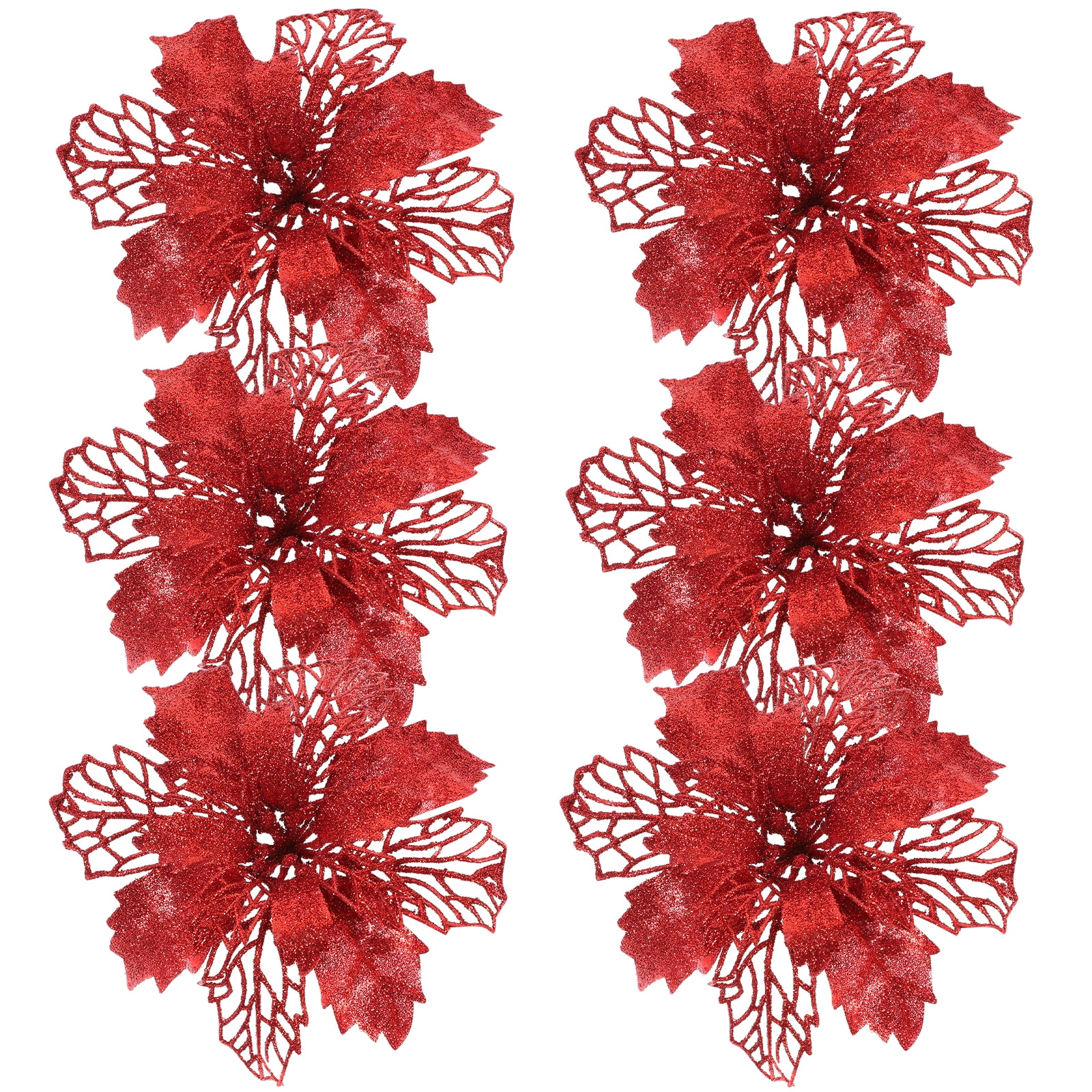 Tinksky 6pcs Artificial Poinsettia Flowers Glittering Hollow Christmas