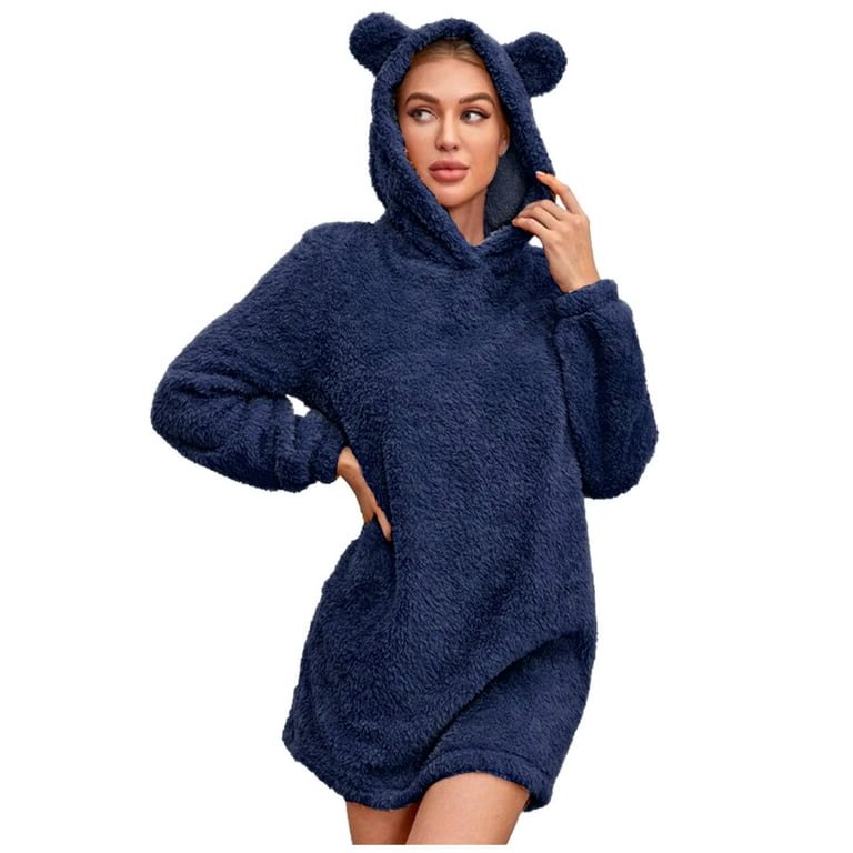 Pajamas Dresses for Women Plush Hooded Casual Winter Warm Long Sleeve Fuzzy  Fleece Cute Bear Ear Nightgown Sleepwear