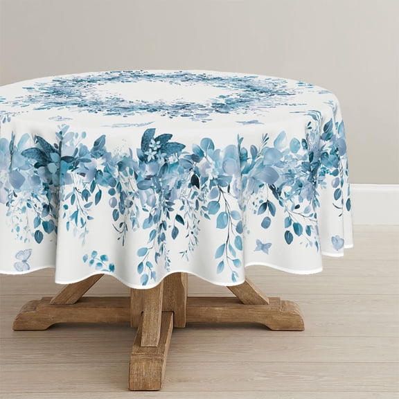 Verolix Blue Floral Round Tablecloth 60 Inch, Botanical Leaf Table Cover for Dining Table Decoration