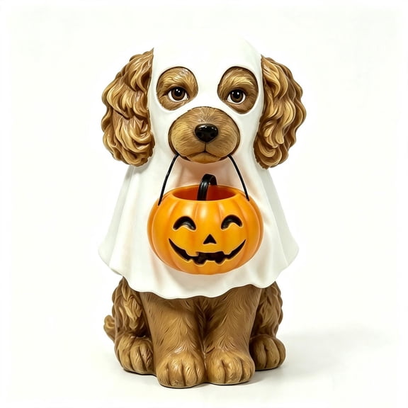 Halloween Ghost Dog Resin Statue, Puppy in Ghost Costume with Pumpkin Candy Bowl, Trick‑or‑Treat Tabletop Decor for Home Entryway Party 9.8 x 4.7 Inch