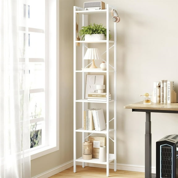 Bookshelf, Book Shelf, Industrial Bookcase with 2 Hooks, Coner Shelf Storage Organizer for Home Office, Living Room, Bedroom, Kitchen, 6-Tier White