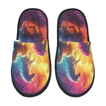 Balery Dreamy Night Sky White Horse Slient Indoor Furry Fleece Comfort House Shoes Soft Non-Slip Home Shoes Cotton slippers House Slippers-- Large