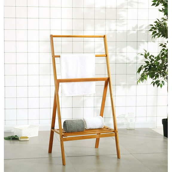 MyGift 43 inch Beige Freestanding Bamboo Folding Towel Rack