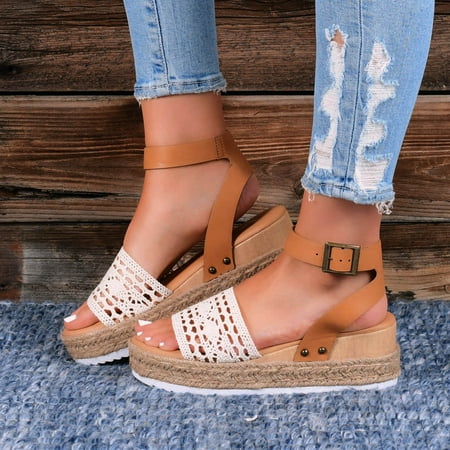 

FZM Women shoes Women s Summer Buckle Strap Wedges Weave Beach Open Toe Breathable Sandals Shoes