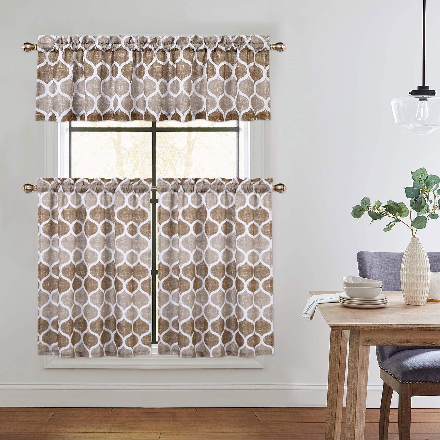 Yesfashion 3 Pieces Cafe Curtains and Valance, Geometric Printed Short