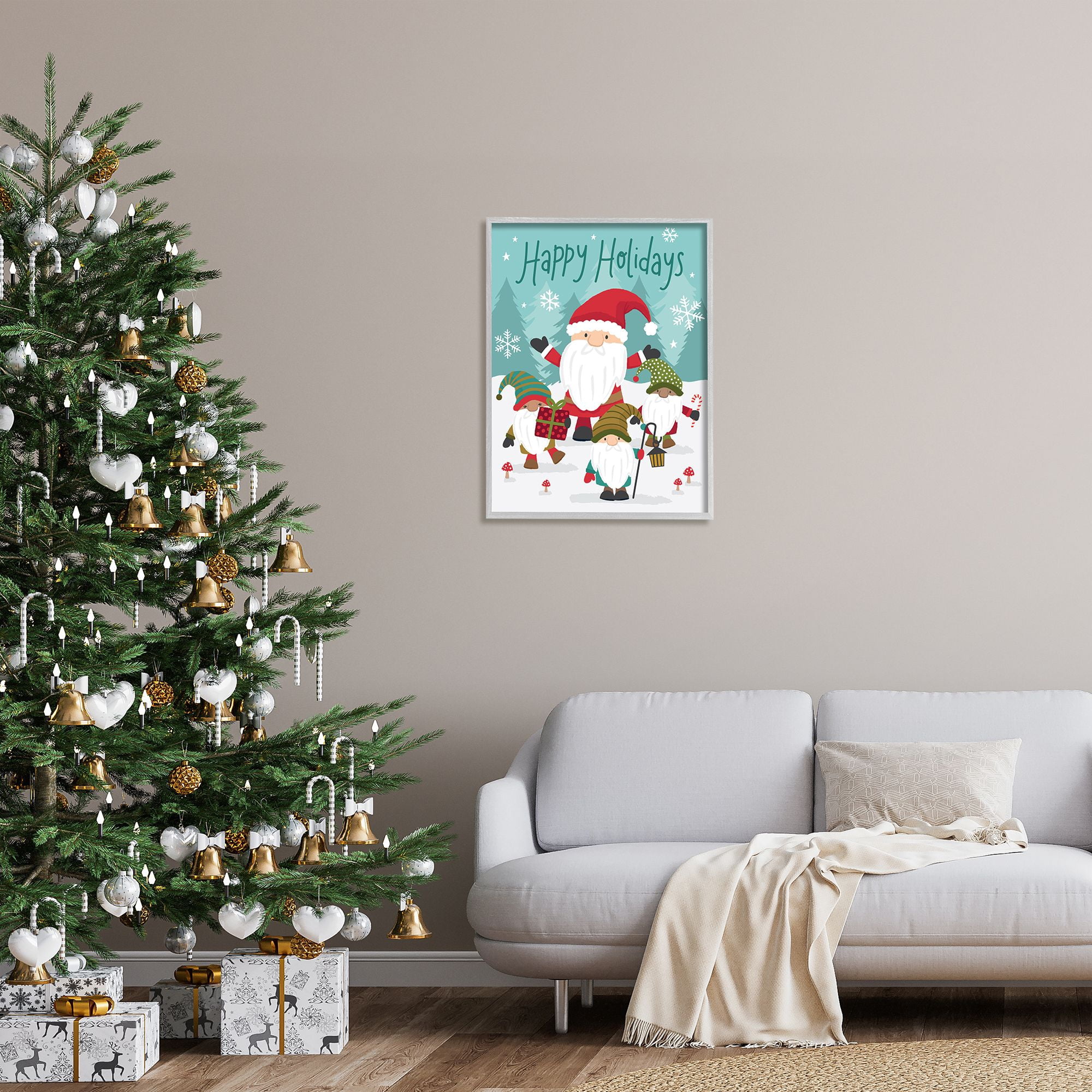 Stupell Indtries Happy Holidays Phrase Santa Cla Snowy Forest Gnomes,24 x 30,Design by Lisa Perry Whitebutton