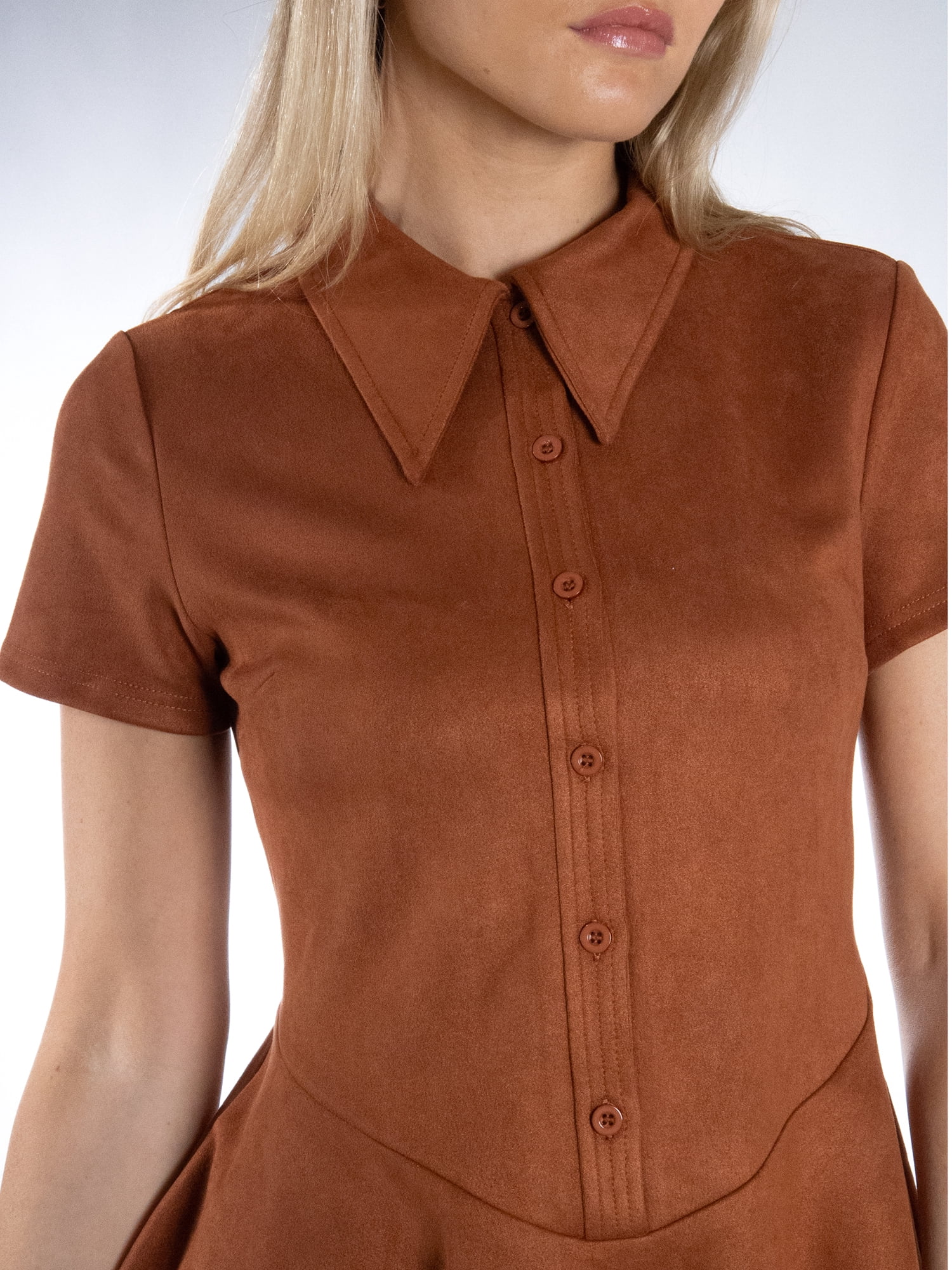 DARING DIVA Women's Stylish Pointed Collar Short Sleeve Button Down Dress S Burnt Orange