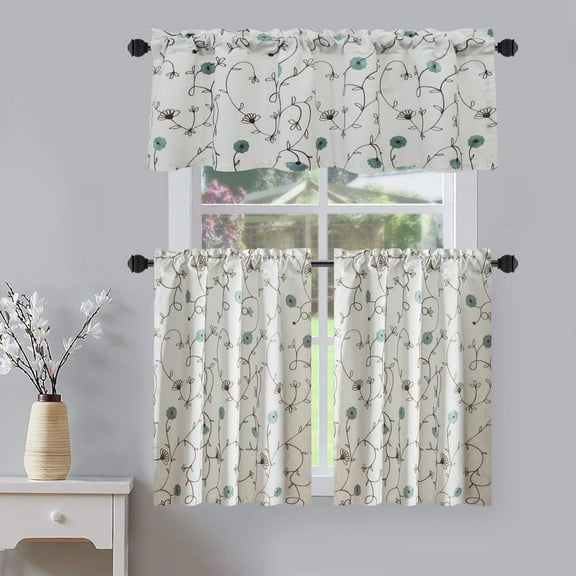 Blue Flower Embroidery Kitchen Curtain Tier and Valance Set Decorative Cafe Curtains 36 Inch Long Rod Pocket Curtain for Small Windows, 3 Panels