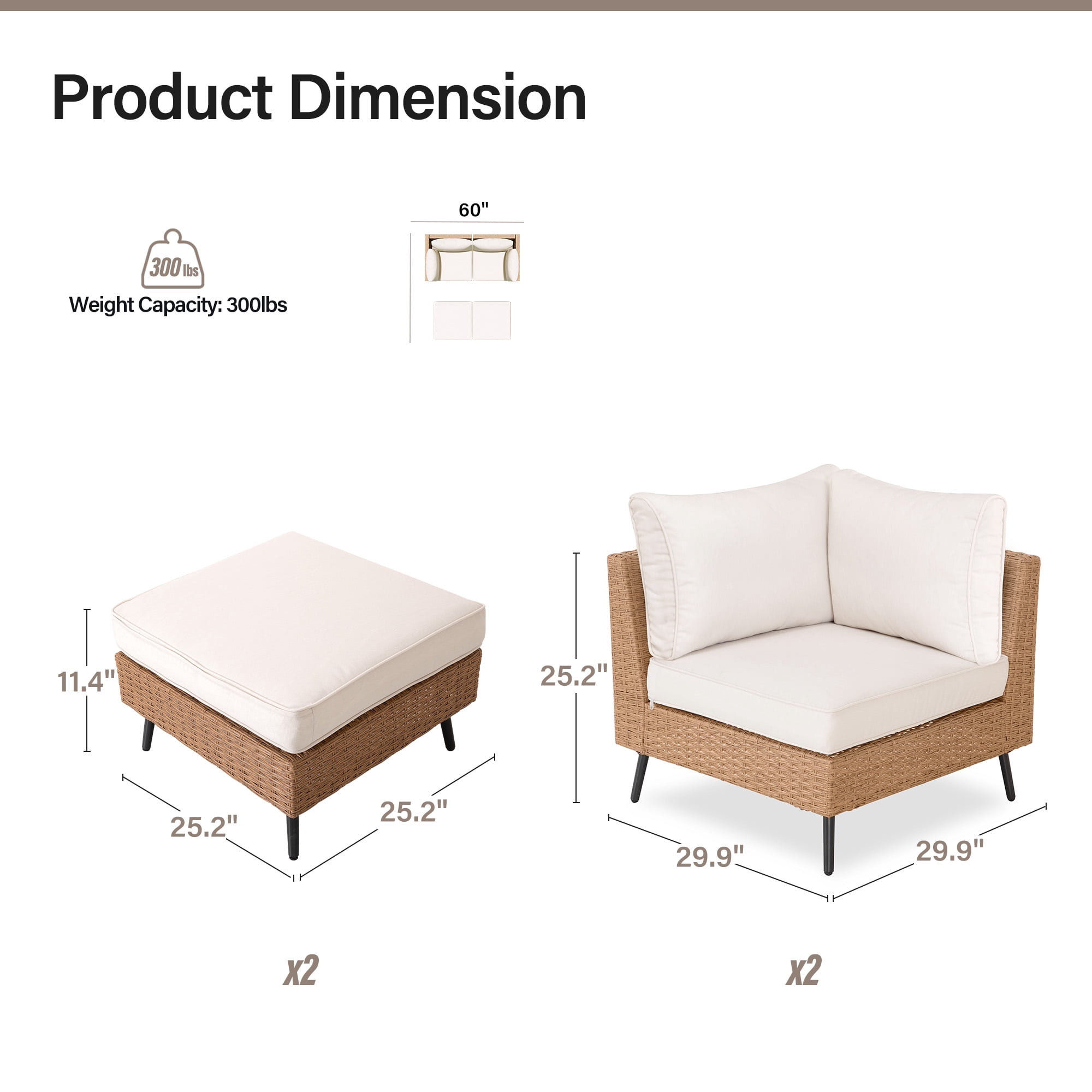 LAUSAINT HOME 4 Pieces Outdoor Furniture Set, Patio Rattan Wicker Sectionals with 2 Chairs and 2 Ottomans, Beige Cushions