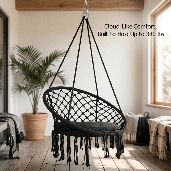 WEIZHUO 31.5 inch Hammock Swing Chair,Black Macrame Hanging Chair,Cotton Cushion Hanging Rope Swing Chair for Indoor Outdoor
