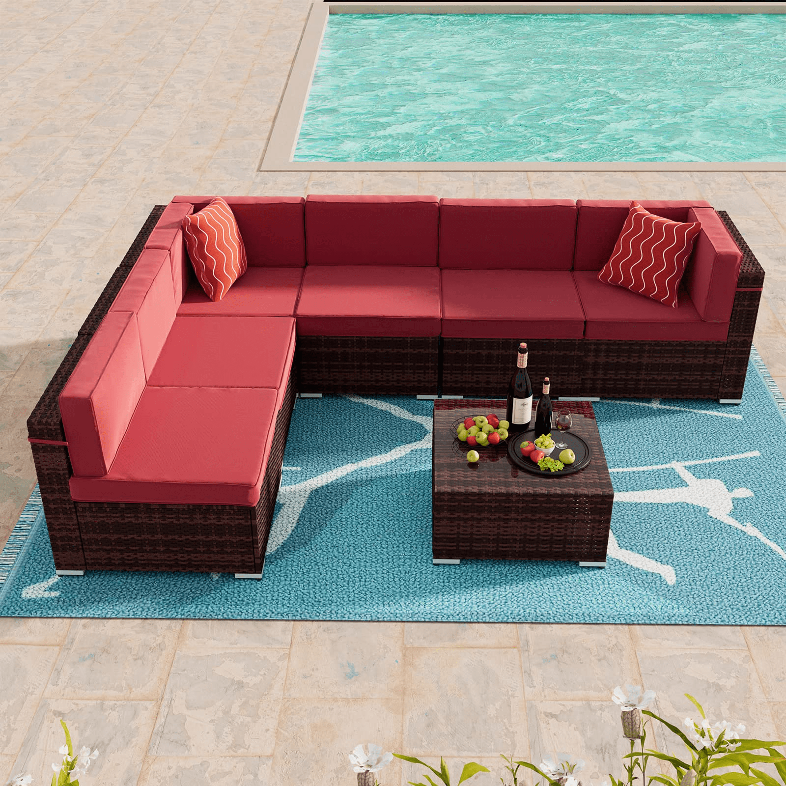 Amopatio 7 Pieces Patio Conversation Set, Outdoor Sectional PE Rattan Wicker Furniture Seat,Red