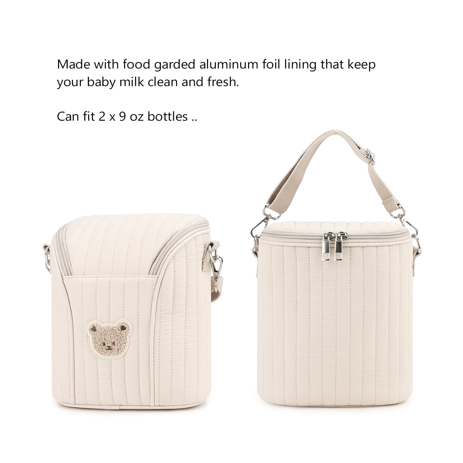 Baby Bottle Insulated Bag, Portable Breastmilk Cooler Bag with Aluminum Foil Liner, Fits 2×9 oz Bottles, Stroller-Attachable Canvas Milk Storage Bag with With detachable carrying handle for Mom Baby