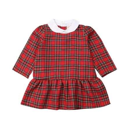 

Toddler Baby Girls Christmas Red Plaid Ruffle Long Sleeve Princess Party Wedding Mini Dress
