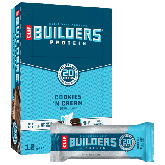 CLIF BUILDERS Protein Bars Cookies 'n Cream Flavor, Plant Protein, Gluten Free Bars, 12ct