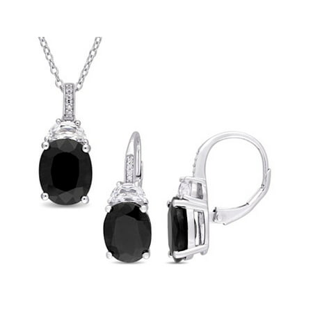 Miabella Noir Black Sapphire, Created White Sapphire and Diamond-Accent Sterling Silver 2-Piece Oval Pendant and Earrings Set