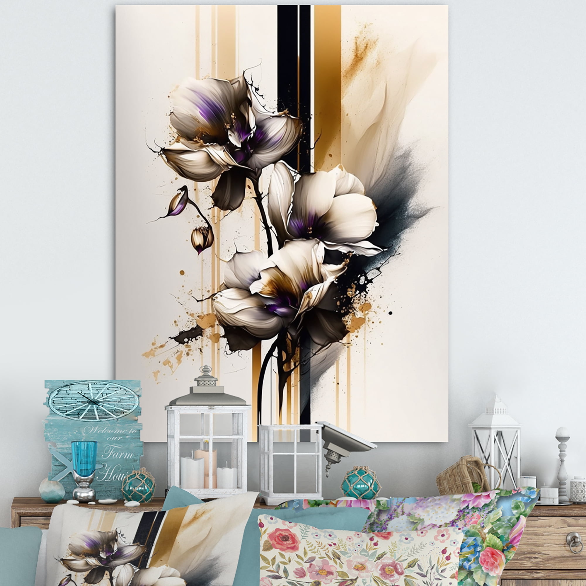 Designart White Orchid Flower On Golden Beige Paint II Canvas Wall Art