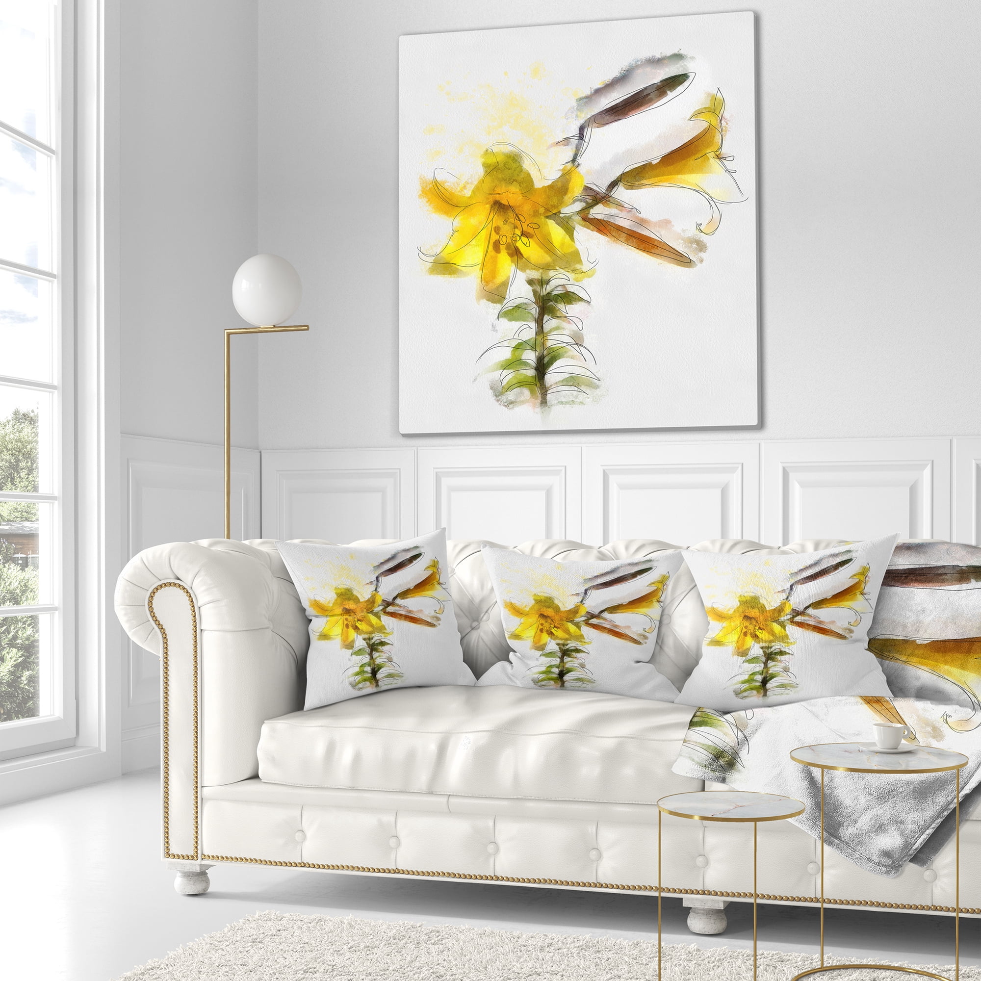 Designart Yellow Tulip Stem with Leaves - Floral Throw Pillow - 16x16