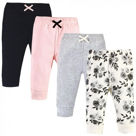 Touched by Nature Baby and Toddler Girl Organic Cotton Pants 4pk, Black Floral, 0-3 Months