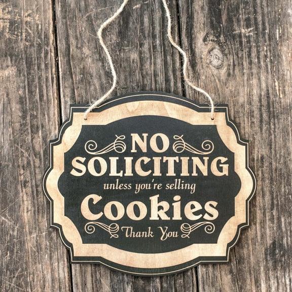 Hip Flask Plus Black Door Sign - No Soliciting Unless You're Selling Cookies (7x9.5 inches)