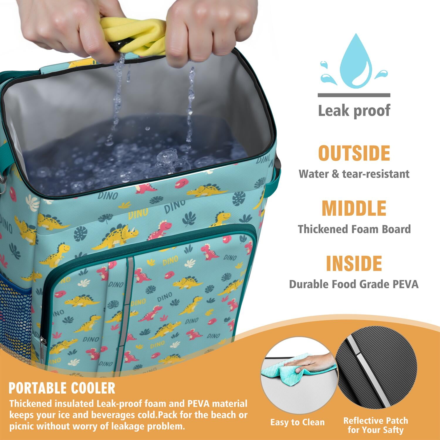 Travel Cooler Bag - Light Blue Dinosaurs Text Pattern Camping Beer Cooler Backpack with Bottle Opener- Waterproof Insulated Picnic Backpacks - Cooler Bag for Beach