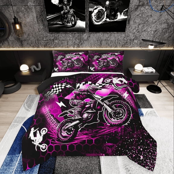 Manfei Motorcycle Motocross 2pcs Bedding Comforter Set,Honeycomb Grid Twin Comforter Sets,Black Pink Bedding Set,Super Cozy Sport Bedroom Decorative,Reversible
