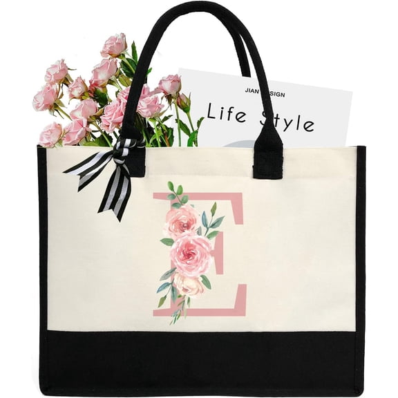 Initial Canvas Tote Bag for Women, Beach Bag with Inner Zipper Pocket Personalized Gifts for Wedding, Birthday | Initial, Personalized Gifts, for Wedding, Birthday