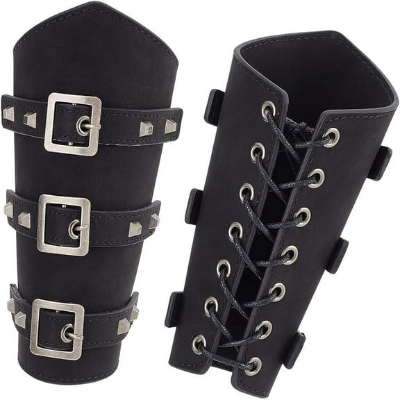2 Set Adults Faux Leather Arm Guards 7.7x9.4x0.59" Medieval Leather Buckle Bracers Wrist Band Buckle Wide Bracer for Halloween Decor Punk Cosplay Costumes Black